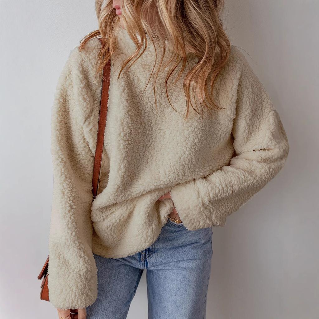 Women's solid color long-sleeved round neck pullover plus size plush jacket