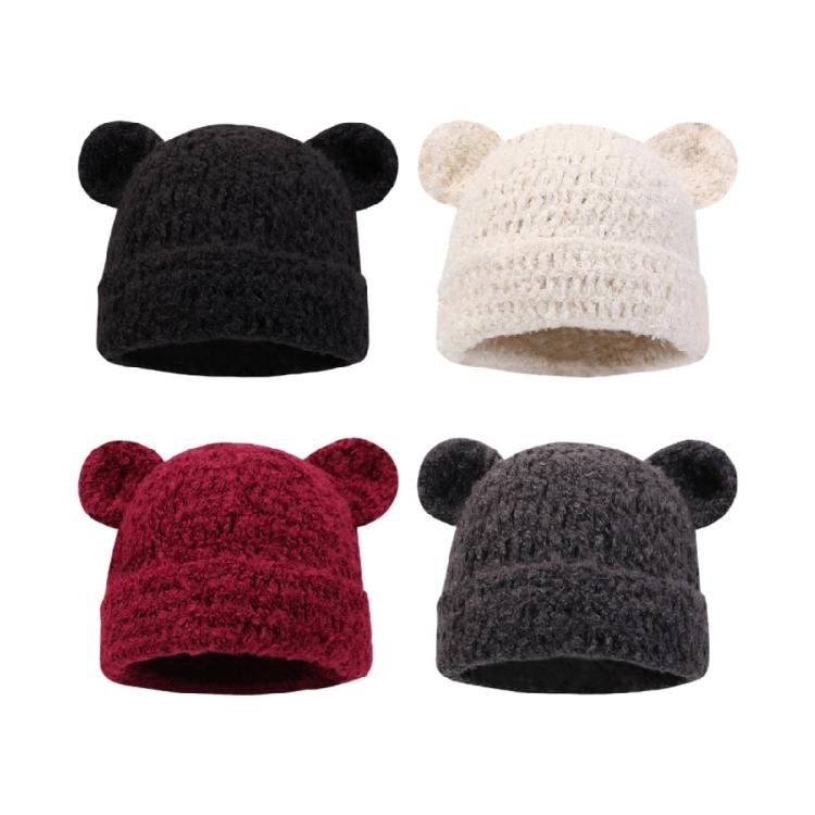 Knitted Brimless Bear Ear Hat for Outdoor Activity Windproof Winter Breathable Hat All Matching Warm Hat for Women Teens