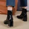 Retro Black Patent Leather Booties Women's Autumn and Winter New Square Toe Block Heel Back Zipper Skinny High Heel Boots