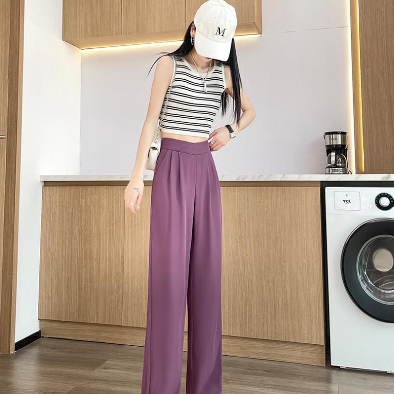 

Брюки от костюма с широкими штанинами и талией «песочные часы» Летние повседневные брюки из ледяного шелка с высокой талией, прямыми штанинами и драпировкой, черные 5XL фиолетовый