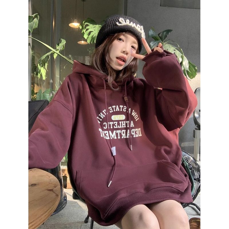 Retro Print Drawstring Hoodie Female New Arrival Loose and Lazy Style Autumn Fleece Thick Warm Jacket Tops
