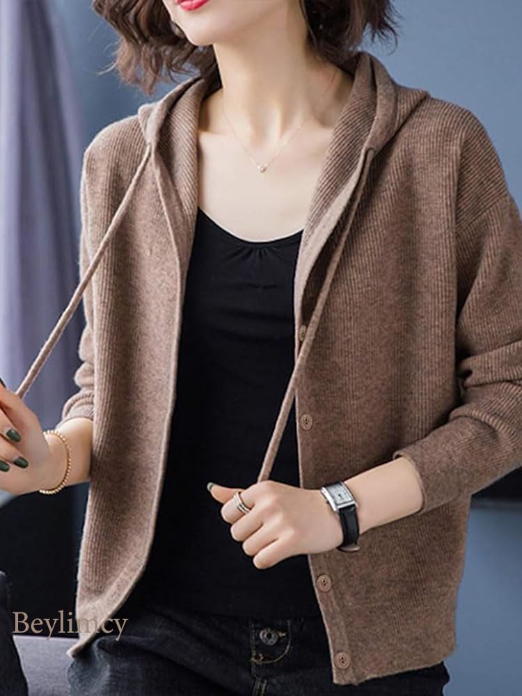 Beylimcy Hooded Long Flattering Top for and Bey72 Women's Cardigan, Sleeve, Spring, Autumn, Winter, (Coffee)