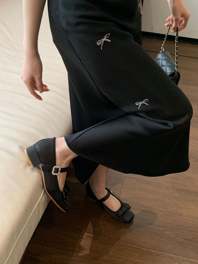 Sweet bow high-heeled Mary Jane shoes women's spring 2025 new one-word buckle belt with skirt light mouth single shoes