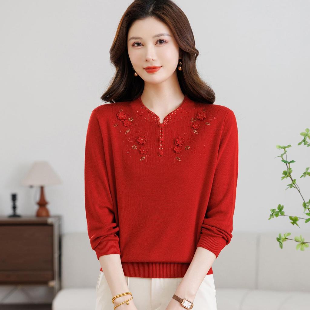 Elegant Spring Cheongsam Collar Knit Top for Middle-aged and Elderly Women