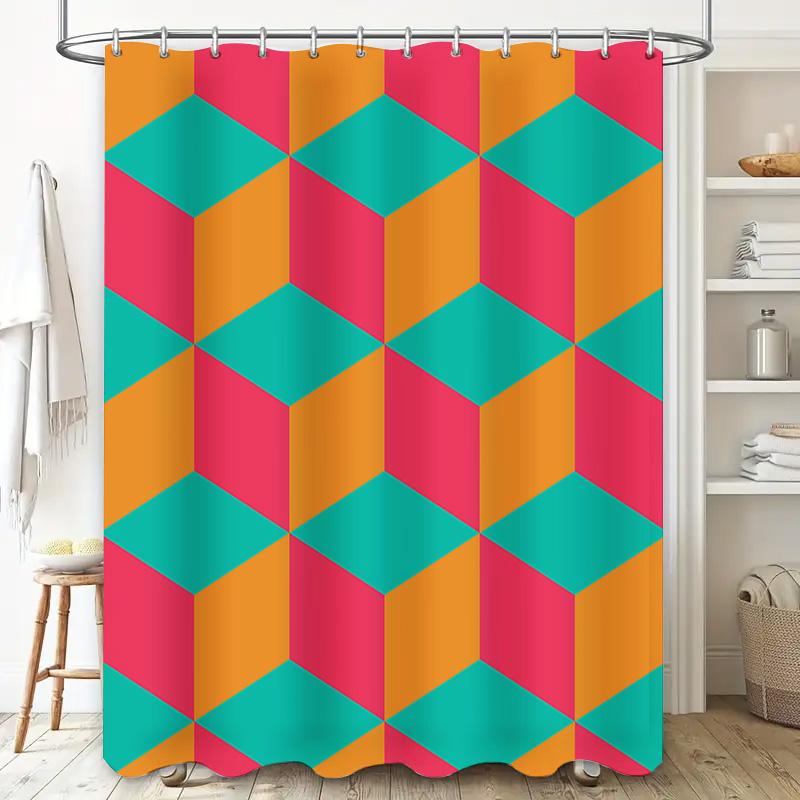 Leuchtend farbiger 3D Geometrischer Duschvorhang Wasserdichter Stoff Für Badezimmerdekor Rosa Orange Petrolgrün Modernes Design (Für dich: Cu