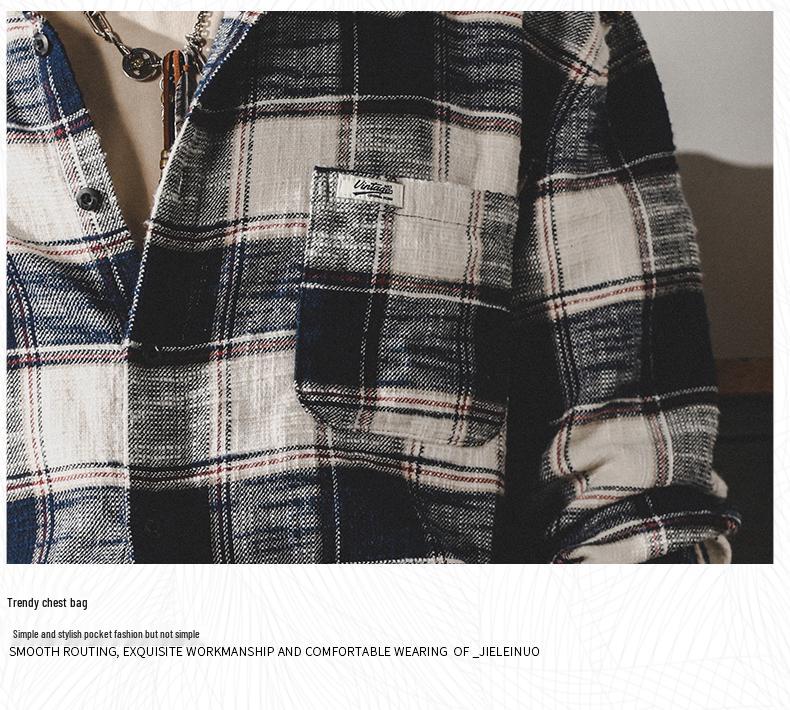 Men's Retro Loose-Fit Plaid Shirt: Heavy, Long Sleeve, Trendy Japanese Style Autumn Jacket