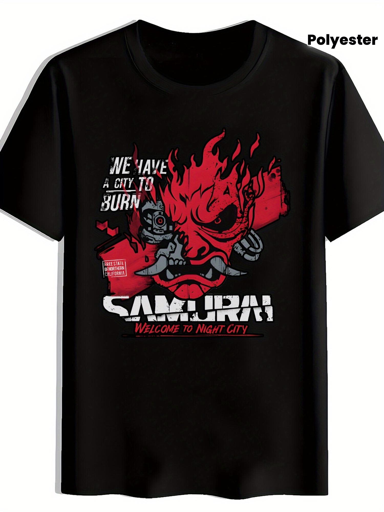 Black Samurai Graphic T-shirt - Bold Welcome to Burn City & Welcome to Night City Print XL