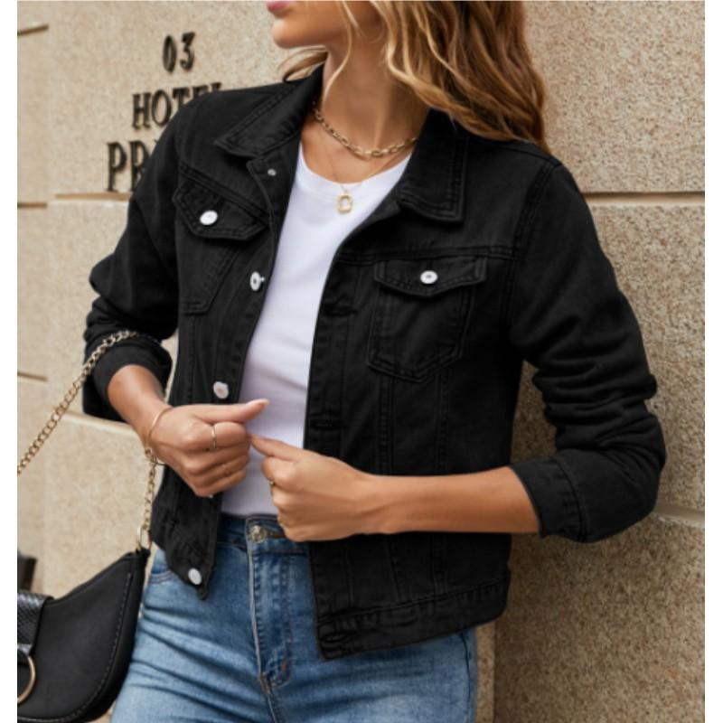 Damen Revers Taschen Einreihig Kurz Denim Jacke Einfarbig Personalisiert Street Jacke
