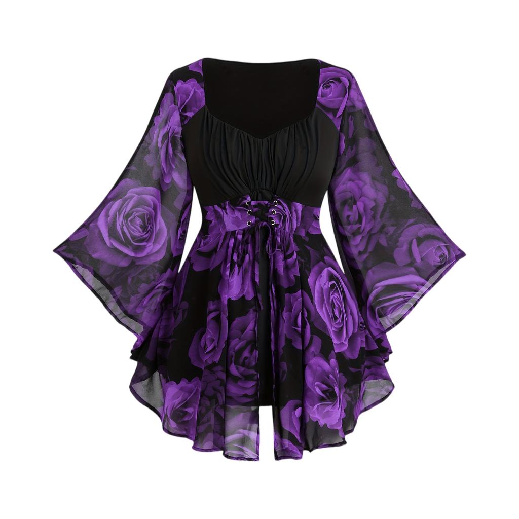 Fashion Plus Size Women's Rose Print Drawstring Irregular Sleeves Mid-length Tops For Women