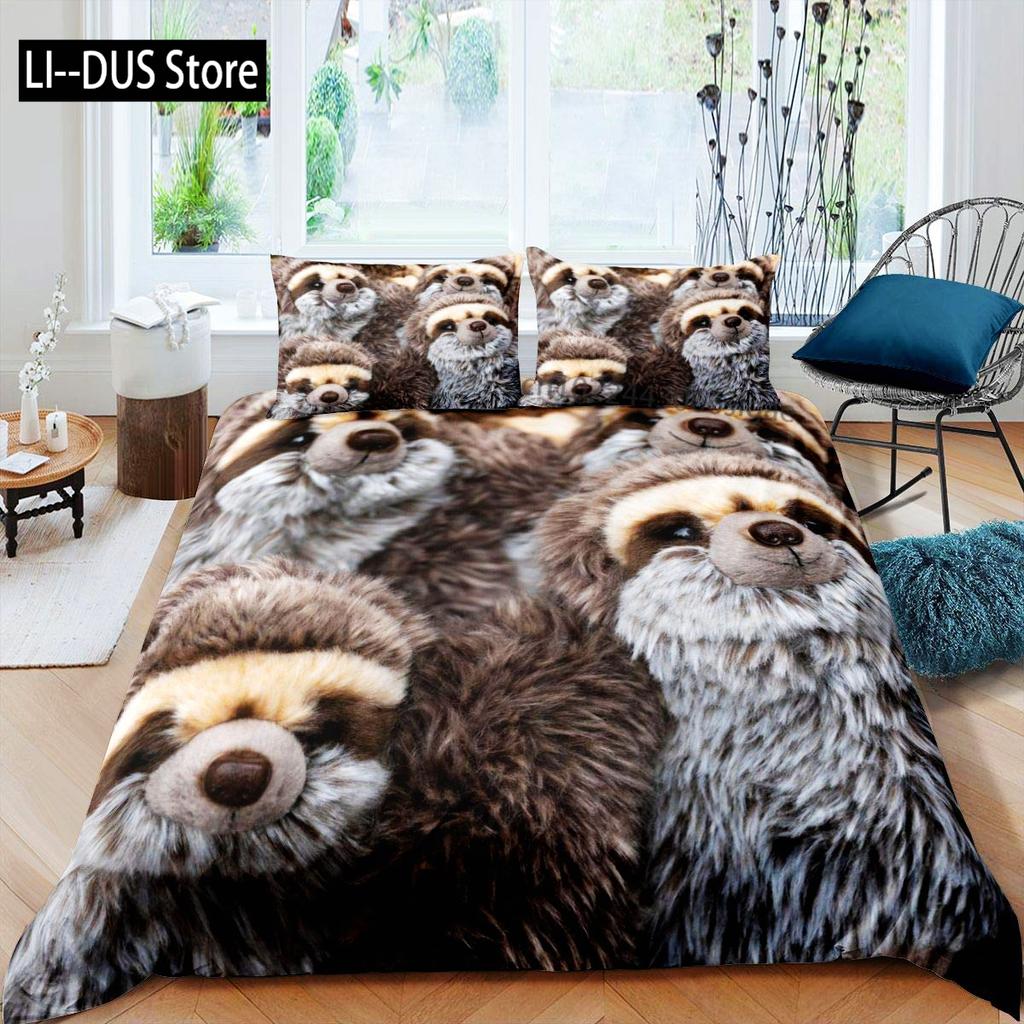 Sloth Duvet Cover Set Cartoon Character Sleeping on Branch Decorative 3 Piece Bedding Set with 2 Pillow Shams Queen Full Size