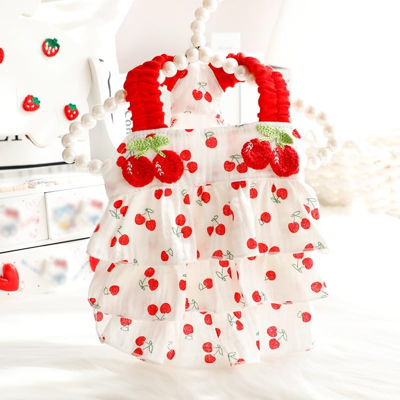 AZA Dog Princess Dresses for Small Dogs Clothes Cherry Costume Pet Suspenders Girl Cat Cute Lace Coat Floral Outfits Summer Costumes (M,Cherry)