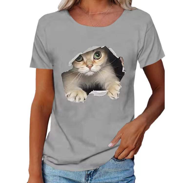 2024 Spring/Summer Women's Crew Neck Ripped Cat Graphic Loose Short Sleeve T-shirt.