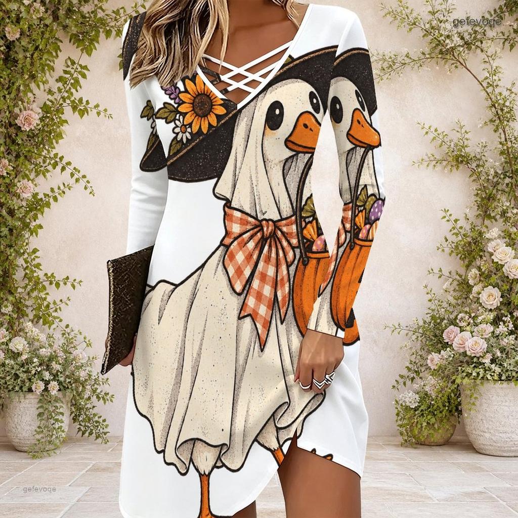 Women Criss Cross V Neck Long Sleeve Printed Dress Halloween Pumpkin Mushroom Fitted Curved Hem