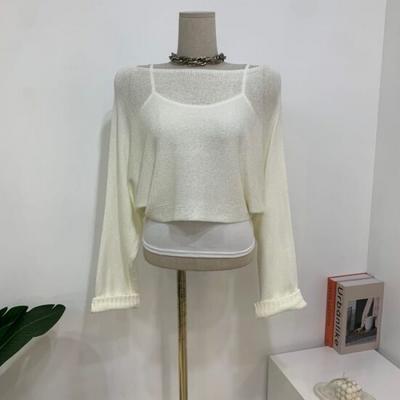 C S In The Room Kiyu Sheer Boat neCk Long Sleeve Knit StrIng CamiSole Set Color 