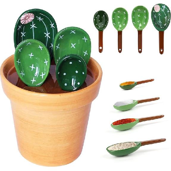 Cactus Measuring Spoons Set in Pot Cute Ceramic Kitchen Measuring Cups and Spoons Set with Holder for Baking Salt Sugar B