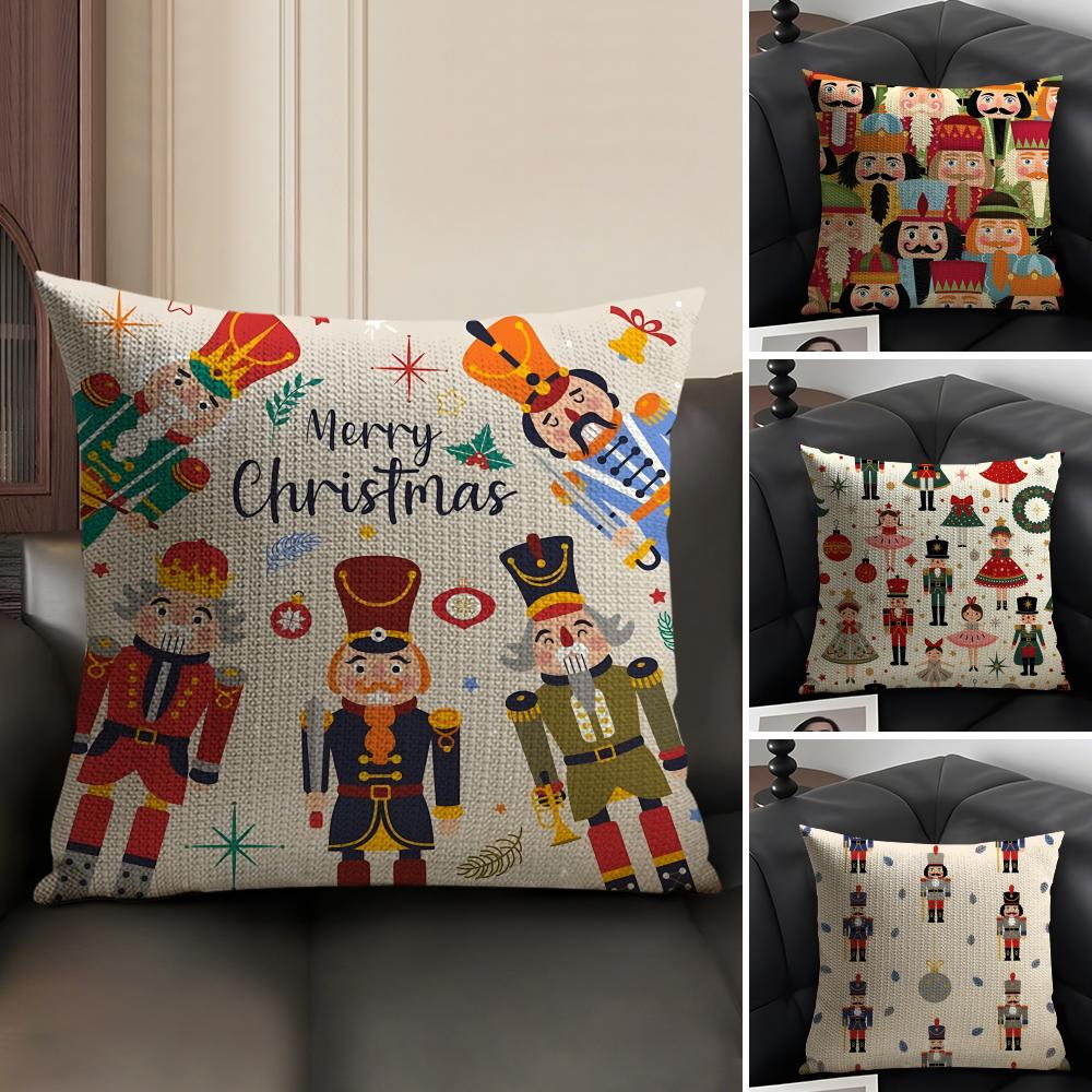 Nutcracker Soldier Christmas Cushion Cover Natural Linen Organic Fabric DoubleSided Printing Sofa Home Decor Gift Pillow Case