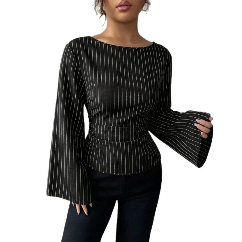Women S Autumn Striped Flared Sleeve Round Neck Casual Shirt