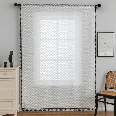1 STuks NAPEARL Boho Geometrisch Visgraat Doorzichtig Gordijn met Kwastjes, Lichtdoorlatend Tule voor Woonkamer Slaapkamer Huisdecoratie