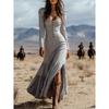 2026 New Women's Vintage Western Style Long Dress with Buttons, Ruched Long Sleeves, Sexy Dress