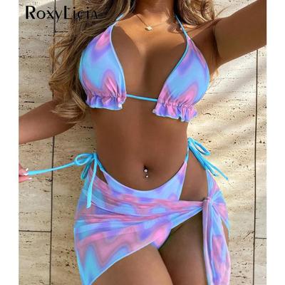 Bikini Donna Tie Dye con Sarong e Laccio al Collo Costume da Bagno Femminile Set Bikini Tre Pezzi Imbottito Costume da Bagno Nuoto
