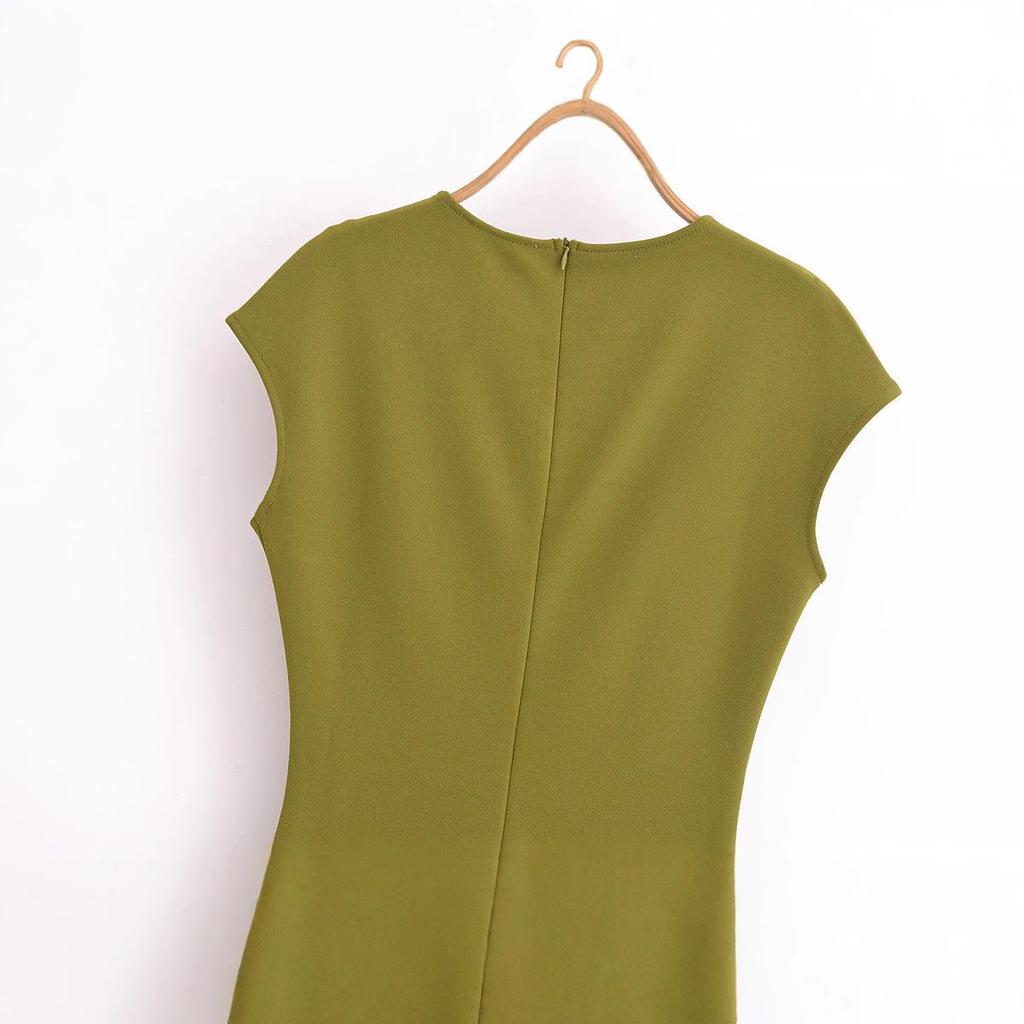 Rochie Midi de Primăvară 2025 pentru Femei, Stil European și American, Crep, Croială Slim Fit, Gât Rotund, Mânecă Scurtă