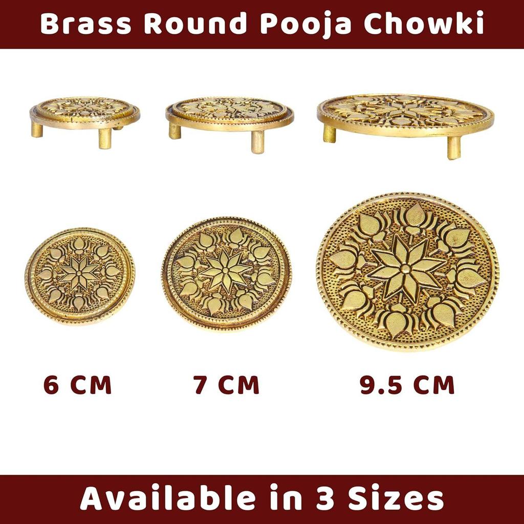 Antikt Rund Chowki | Pooja Chowki Rund Mässing, Guld Färg, 1 Styck