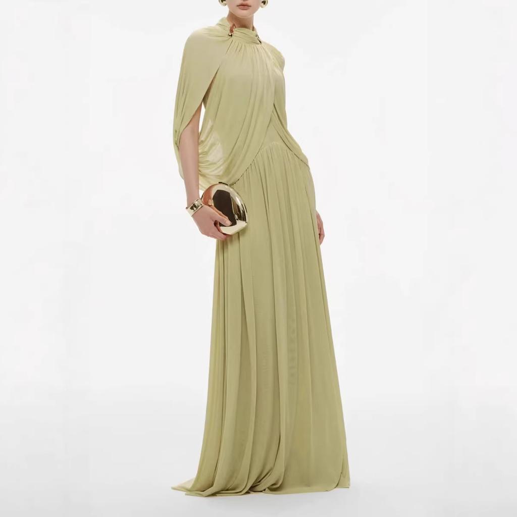 Abito Maxi da Donna con Scollo Alto, Maniche a Mantella, Pieghe, Verde Uniforme, Elegante Abito da Sera Formale