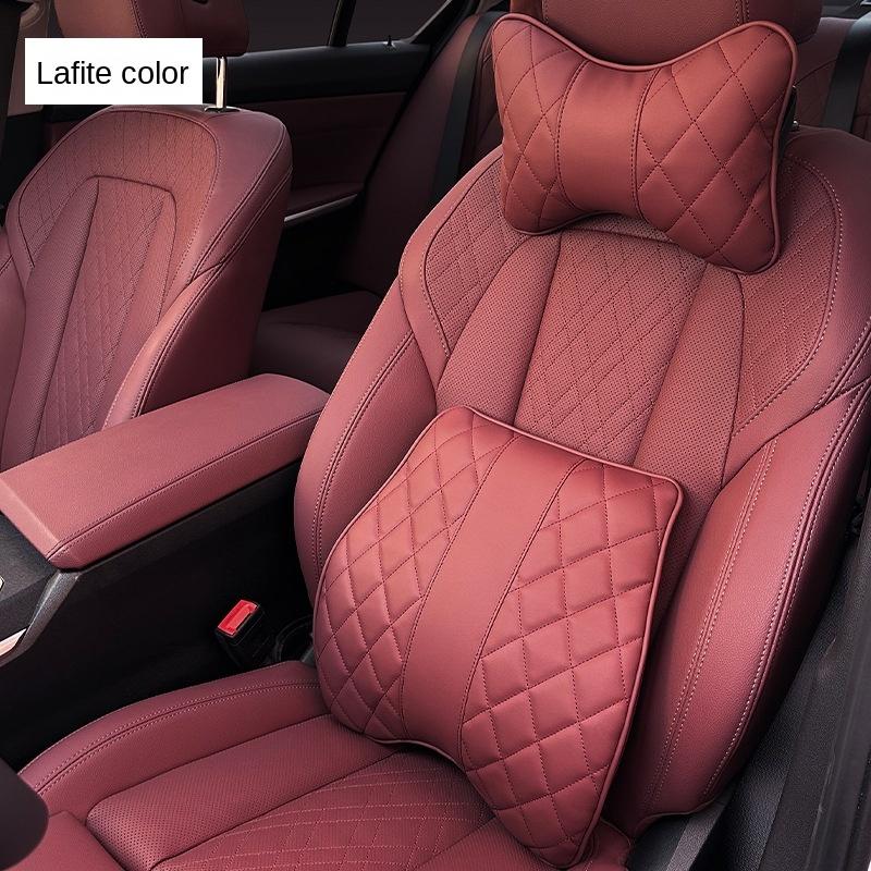 2pcs Car Lumbar Pillow Neck Set Memory Cotton Leather Auto Neck Protector Waist Back Cushion Universal Seat Headrest Pillow Red