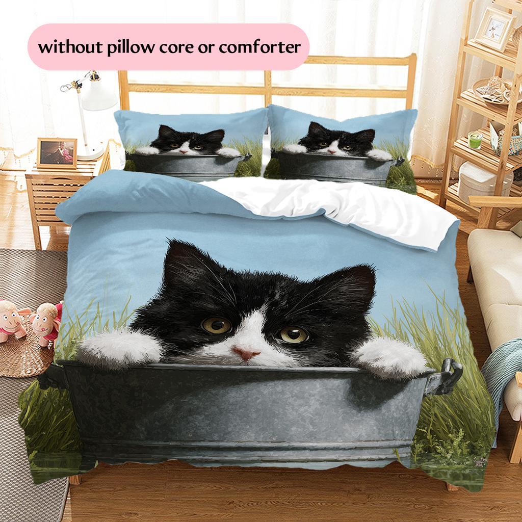 Cow Cat Pattern Bedding Home Decoration Birthday Gift (1 * duvet cover + 2 * pillowcase, without core)
