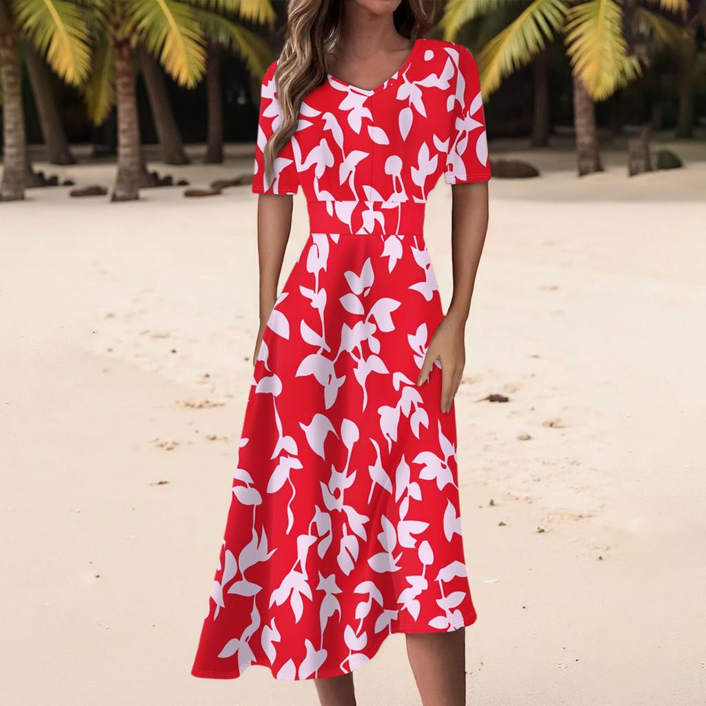 Damen Freizeitmode Kleid mit Blumendruck, V-Ausschnitt, kurzen Ärmeln und taillenlang