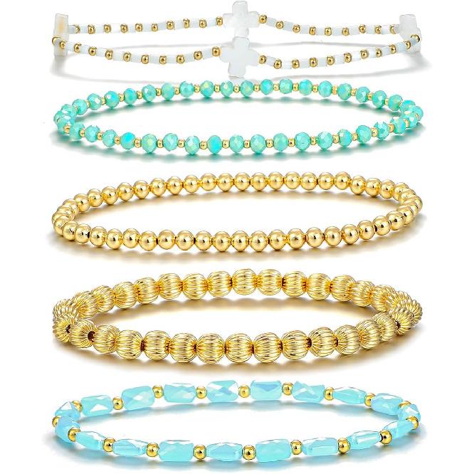 Dainty Gold Plated Pearl Crystal Beaded Bracelets Set for Women 14K Gold Plated Bead Pearl Beads Bracelet Stackable Paperclip Link Chain Bracelets