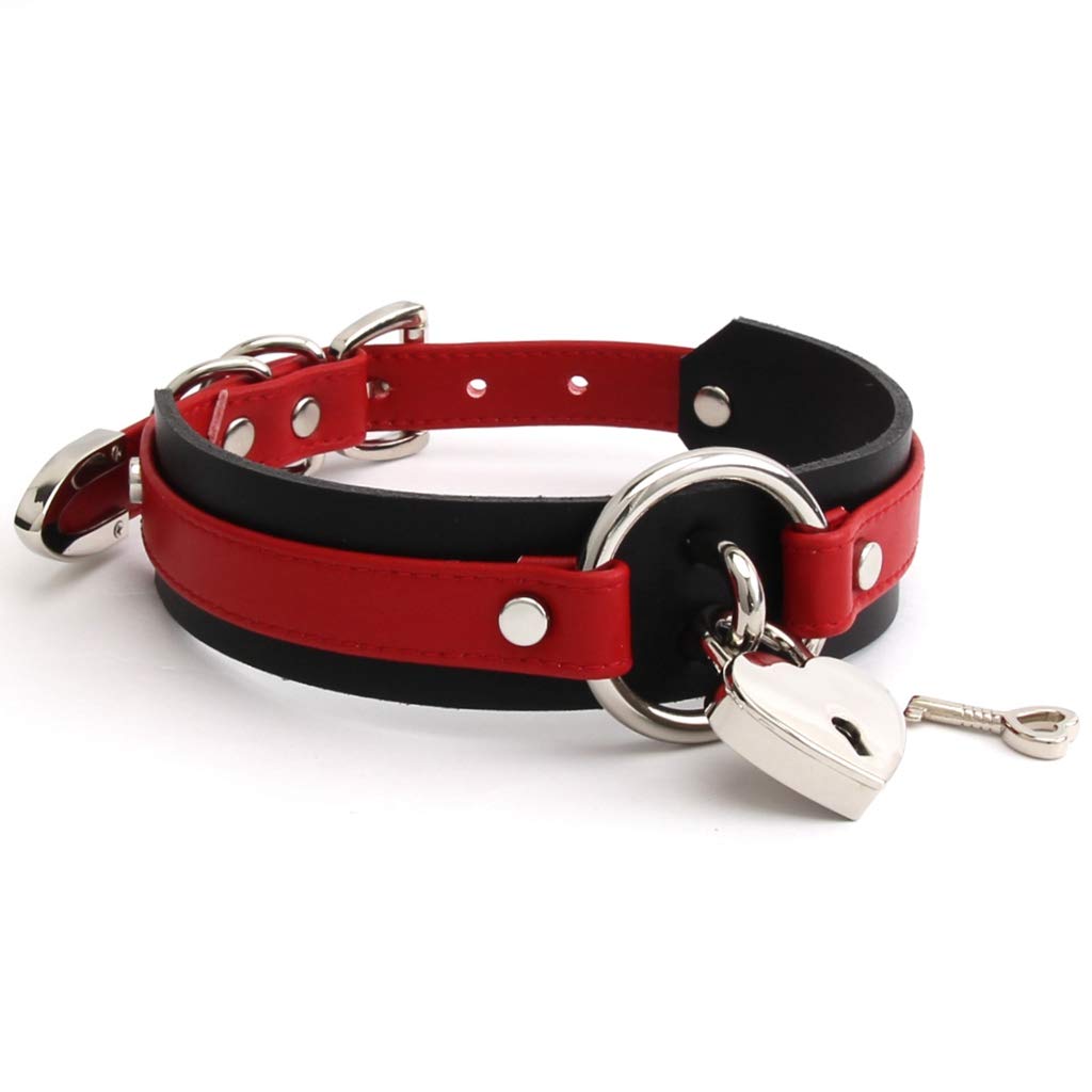 Choker Heart Collar Padlock Ring PU Leather Black (Red & Silver)