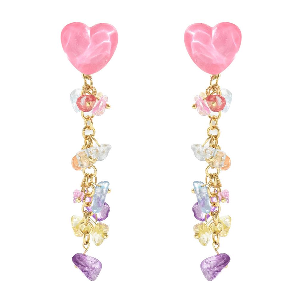 Japanese Korean Fresh Mori Stud Earrings Women Sweet Heart Color Crystal Fringe Ins Holiday Casual Decor Jewelry