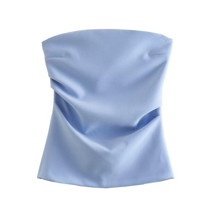 

Western Style 2024 Summer New Women clothes Solid All-Match Pleat Sleeveless Slim fit Tube Top Top 3067089 Blue XS