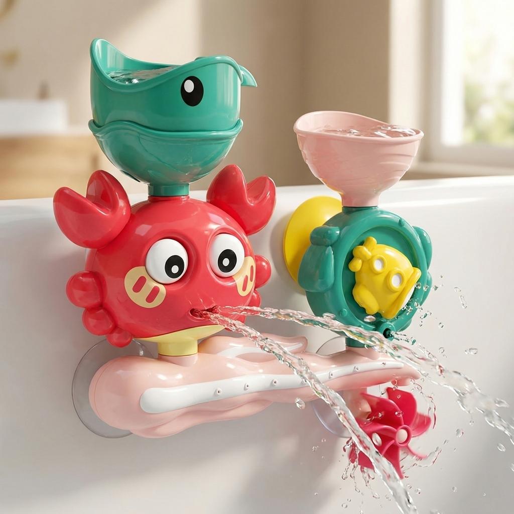 Bath Toy Crab Water Wheel Spinner with Whale and Submarine Features Suction Cup Mounted Bath Toy Set for Kids