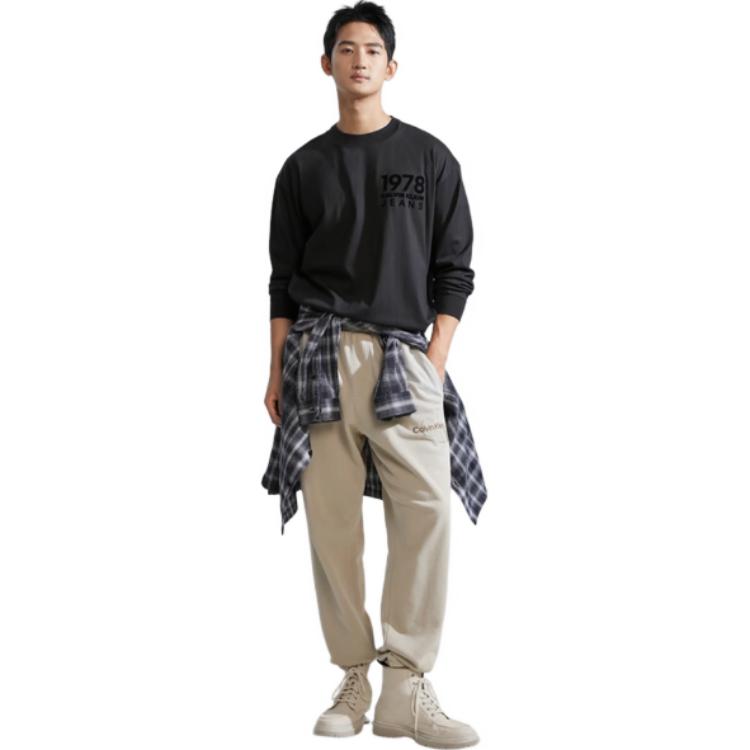 Calvin Klein Cotton Crew Neck Long Sleeve T-Shirt Men Tops Space-Black J324494