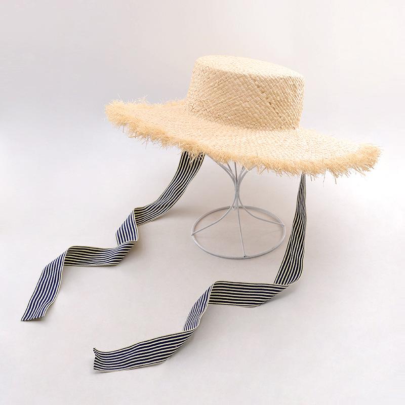 New Summer Women's Sunscreen Sunshade Raffia Edging Tie with Hat Outdoor Beach Travel Strap Flat Top Straw Hat
