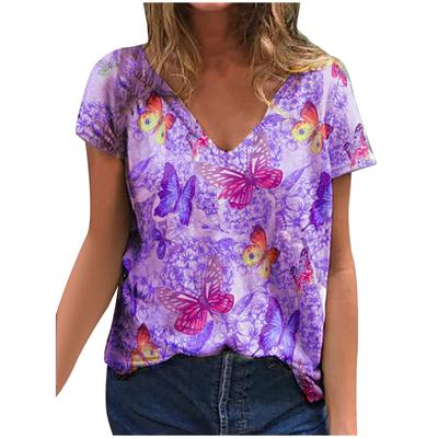 Fashion Spring  Butterfly Print Blouses Short Sleeved V-Neck T Shirts Casual
