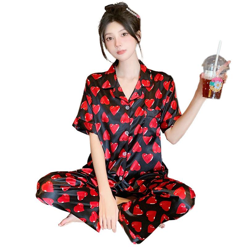 Retro Light Luxury Love Ice Silk Pajamas High-End Women'S Casual Sweet Loungewear Short-Sleeved Set