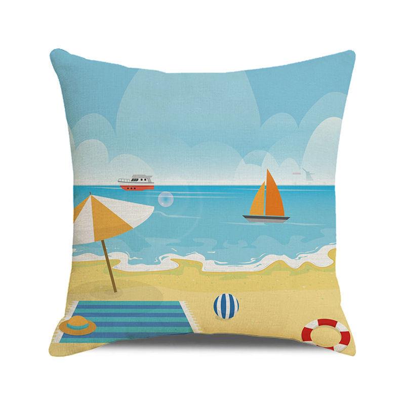 Watercolor Summer Beach Digital Printing Short Plush Pillow Covers for Car Sofa Office Cushion Cover Home Goods 60x60cm