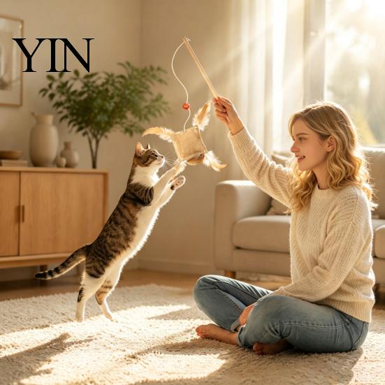 Natural Linen Hunting Toy Cat Wand with Bag, Interactive Bell, Handheld Interaction Stick Wooden Handle Feather for Indoor Cats Scratching Chasing