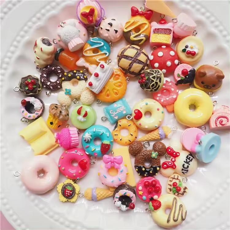 Resin with Crochet Nails Cute Cake Donut Jewelry Charm Pendant Style Random Key Ring Earrings Diy Accessories with Holes