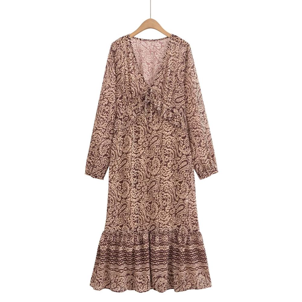 

2025 Spring/Summer Women s V-Neck Printed Vacation Dress S темно-коричневого