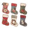 Wooden Christmas Tree Ornaments 6 Pcs Rustic Stocking Ornaments, 2D Flat Vintage Socks Hanging Decoration Distressed Texture Decor with Flower Pattern