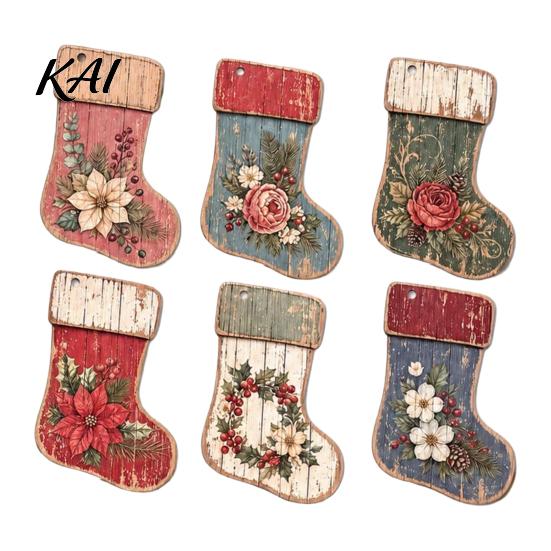 Wooden Christmas Tree Ornaments 6 Pcs Rustic Stocking Ornaments, 2D Flat Vintage Socks Hanging Decoration Distressed Texture Decor with Flower Pattern