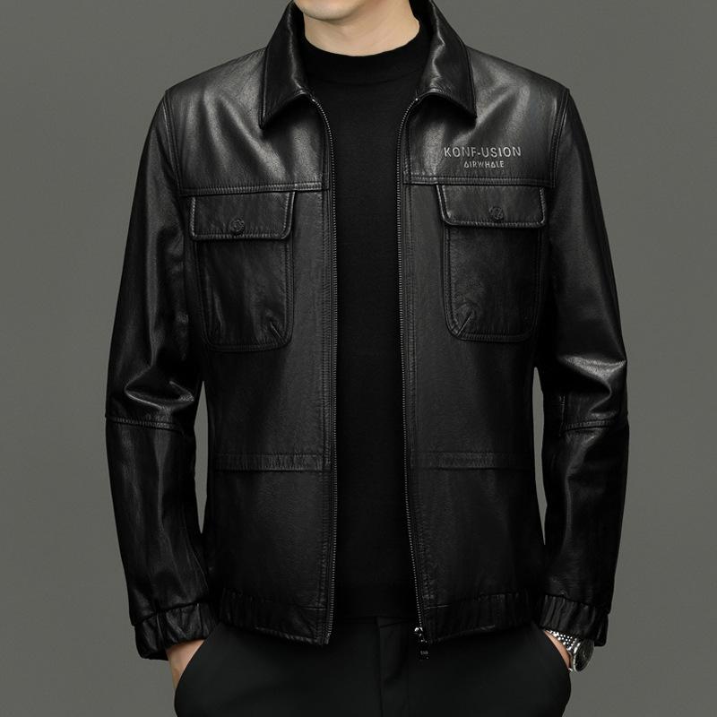 

Осенне-зимняя новая куртка из коровьей кожи, модная повседневная куртка с лацканами для среднего и молодого возраста 56 чёрный