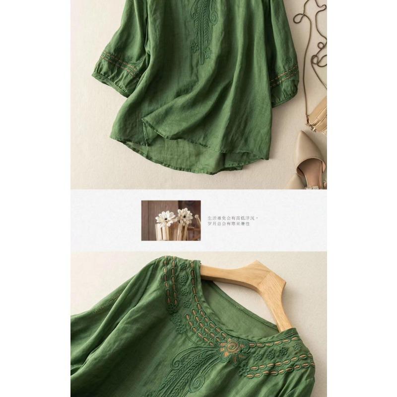 Women Summer Embroidered Round Neck Linen Cotton Blouse