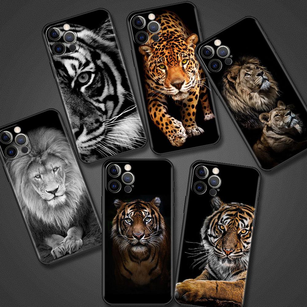 Phone Case for Apple iPhone 14 15 11 12 13 Pro Max XR X 7 8 Plus XS Black Soft Cover SE 2020 Coque Lion Tiger Animal Bumper