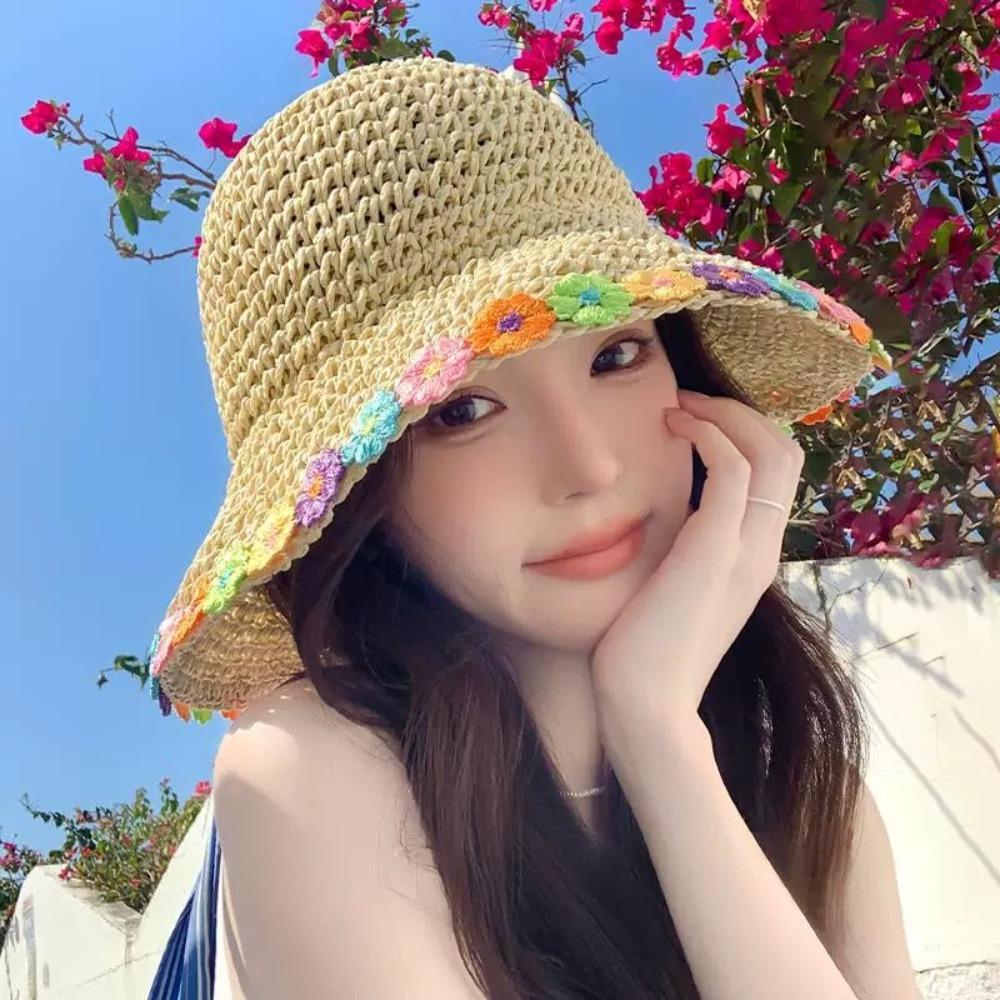 

New Flowers Straw Hat Sun Protection Wide Brim Woven Hat Elegant Foldable Sunshade Hat Seaside бежевый