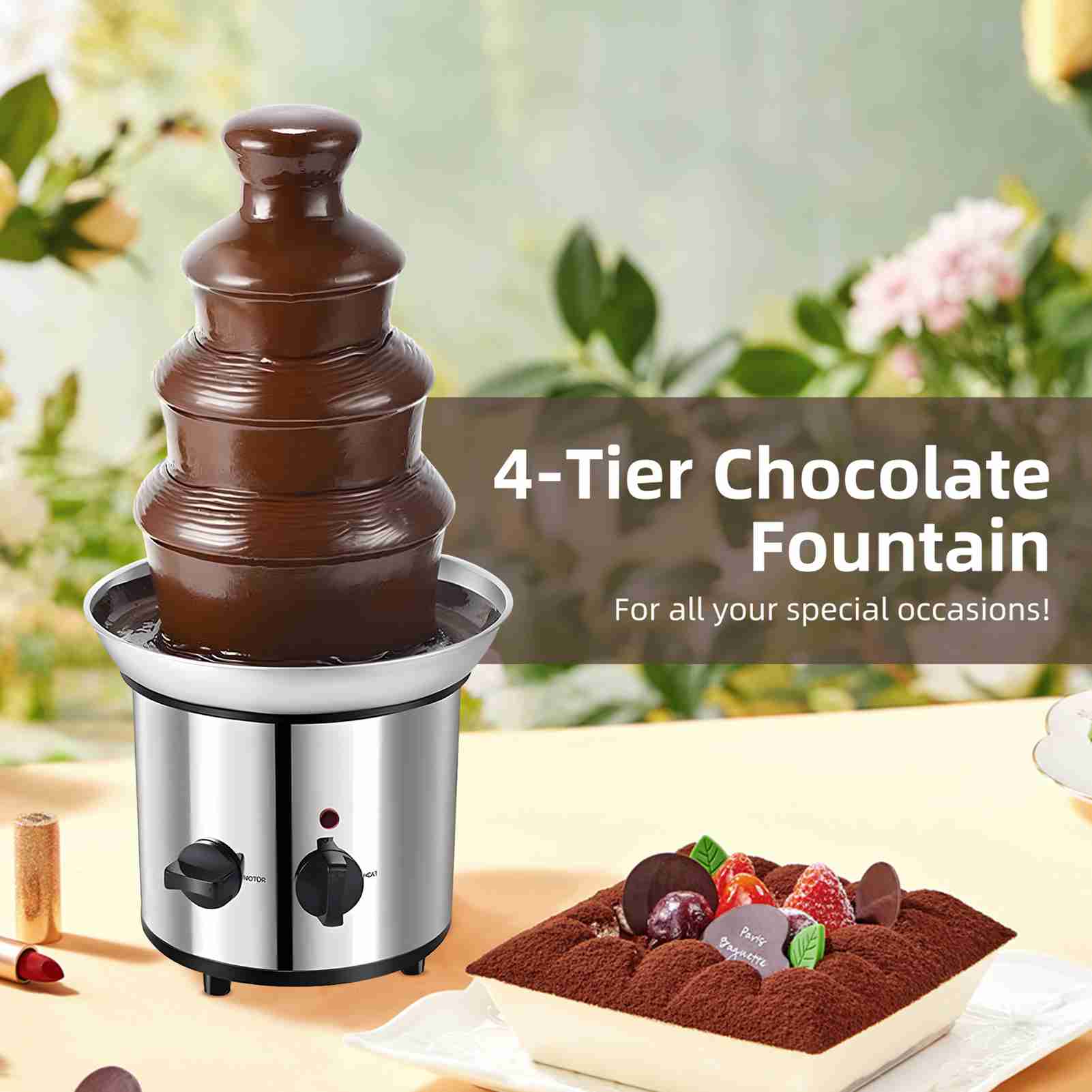 

4 Tier Electric Chocolate Fondue Fountain Machine for Parties Stainless Steel Chocolate Melt Fondue for Melts Cheese Liqueur BBQ Sauce Dip Straw